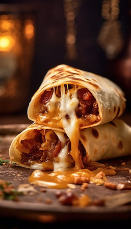 Beef burrito, mexican food. Moody Elegance, Rustic Charm, Soft and dreamy lighting, Warm and muted colors, Warm Earthy Tonesの素材