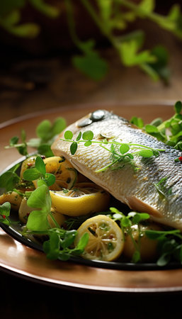 Seafood recipes. Moody Elegance, Rustic Charm, Soft lighting. Luxurious, dark tones, Elegant plating. Ai generated.の素材