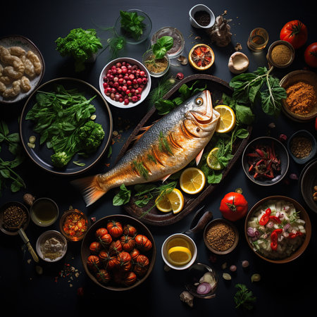 Full table of meals on plates fish, tomatoes, vegetables. Caprese salad and tomato bruschetta on black background. top view.の素材