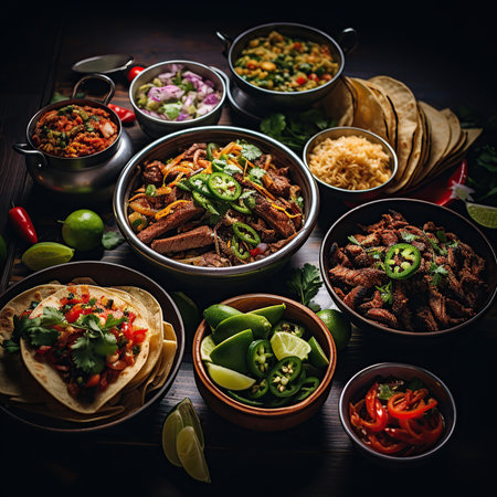 Full table of mexican meals on plates tacos, frigoles, carne de res, mexican burritos, nachos with cheese and guacamole salad and tomato bruschetta on black background. top view.の素材
