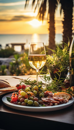 Tapas and appetizers, assorted canapÃ©s on the bar table.sunset dim light and romantic atmosphere.Ai generated.の素材