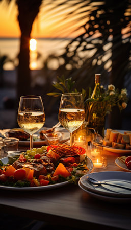 Tapas and appetizers, assorted canapÃ©s on the bar table.sunset dim light and romantic atmosphere.Ai generated.の素材