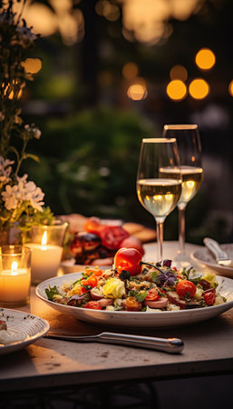 Tapas and appetizers, assorted canapÃ©s on the bar table.sunset dim light and romantic atmosphere.Ai generated.の素材