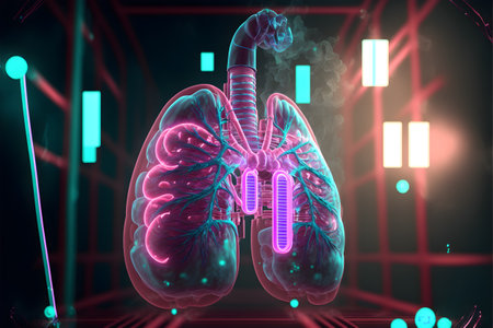 Synthetic biology and tissue bioengineering. Artificial lungs in formation and bronchial tubes and respiratory system in development. Ai generated.の素材