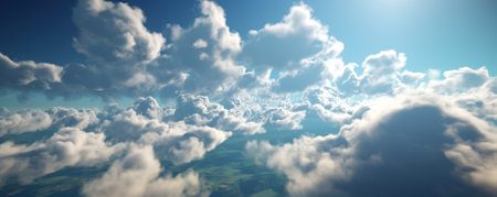 Clear blue sky and white clouds, cloud panorama from above, view from the plane.Ai generated.の素材