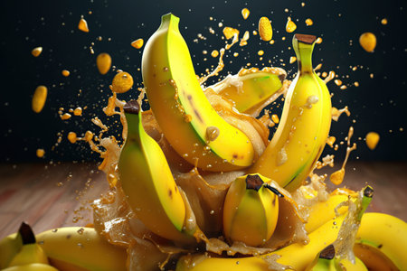 Fresh and tasty bananas with banana fruit juice smoothie fresh drink in dynamic and healthy concept image.Ai generated.の素材