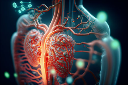 Synthetic biology and tissue bioengineering. Artificial lungs in formation and bronchial tubes and respiratory system in development. Ai generated.の素材