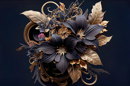Vintage luxurious floral background with golden lily flowers. Romantic design template for wall decor, wallpaper, wedding invitations, ceremonies, cards.の素材