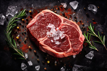 Still life raw thick rib over black background from above. Ai generated.の素材