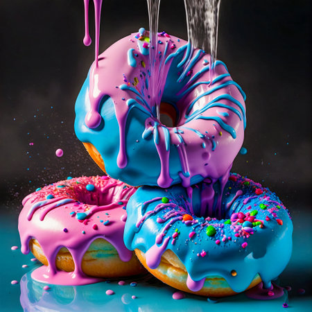 Delicious donuts with cream and chocolate dripping and dripping.の素材