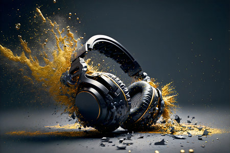 Headphones and volume explosion with glitter and sound waves. Electronic music concept and techno music festival. Ai generated.の素材