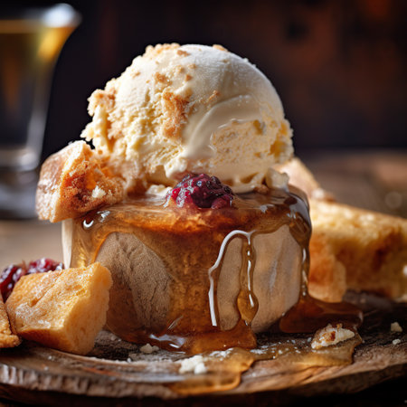 Strawberry and pistachio gelato ice cream sundae dessert on wooden table.の素材