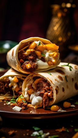 Beef burrito, mexican food. Moody Elegance, Rustic Charm, Soft and dreamy lighting, Warm and muted colors, Warm Earthy Tonesの素材