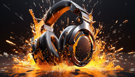 Headphones and volume explosion with glitter and sound paint waves. Electronic music concept and techno music festival. Ai generated.の素材