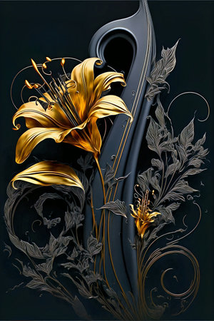 Vintage luxurious floral background with golden lily flowers. Romantic design template for wall decor, wallpaper, wedding invitations, ceremonies, cards.の素材