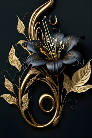 Vintage luxurious floral background with golden lily flowers. Romantic design template for wall decor, wallpaper, wedding invitations, ceremonies, cards.の素材
