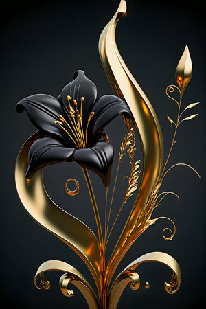 Gold lily leaves and foliage, black satin marble texture. Artistic cover design and deluxe graphic booklets.の素材