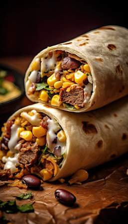 Beef burrito, mexican food. Moody Elegance, Rustic Charm, Soft and dreamy lighting, Warm and muted colors, Warm Earthy Tonesの素材