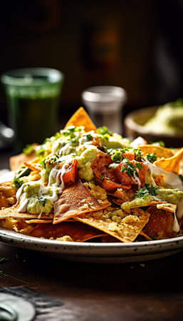 Mexican nachos, mexican food. Moody Elegance, Rustic Charm, Soft and dreamy lighting, Warm and muted colors, Warm Earthy Tonesの素材
