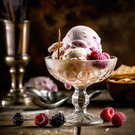 caramel and almond ice cream with caramelized popcorn sundae dessert in glass bowlの素材