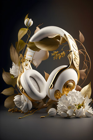 Music background elegant headphones,white and gold colors with floral decorations and neon lights.Ai generated.の素材