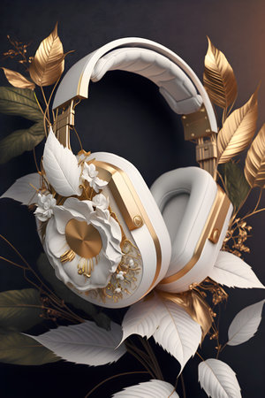 Music background elegant headphones,white and gold colors with floral decorations and neon lights.Ai generated.の素材