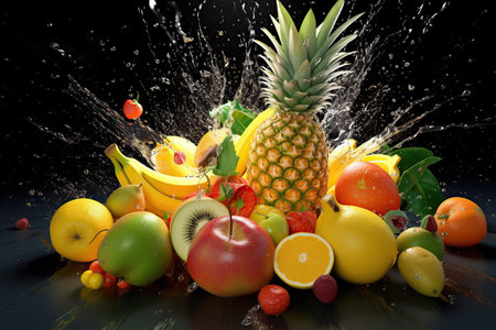 Art design with cut tropical fruits. Juice explosion and water splash. Ai generated.の素材
