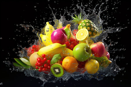 Art design with cut tropical fruits. Juice explosion and water splash. Ai generated.の素材