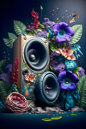 Vintage retro speaker music background with cyberpunk futuristic floral decorations and neon lights. Ai generated.の素材