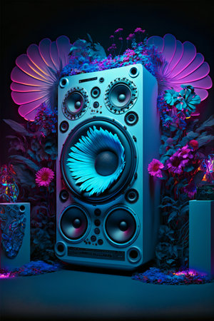 Vintage retro speaker music background with cyberpunk futuristic floral decorations and neon lights. Ai generated.の素材