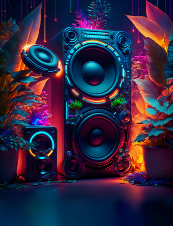 Vintage retro speaker music background with cyberpunk futuristic floral decorations and neon lights. Ai generated.の素材
