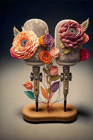 Retro microphone decorated with colorful flowers. Poster for live music event and karaoke. Ai generatedの素材