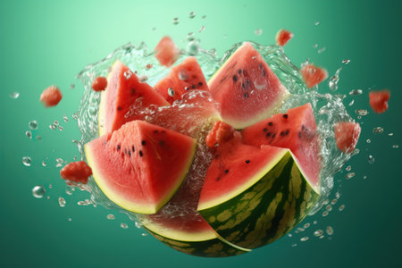 Art design with cut watermelon. Juice explosion and water splash. Ai generated.の素材