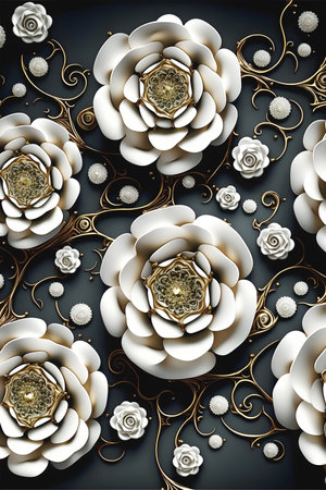 Vintage luxurious floral background with golden roses flowers. Romantic design template for wall decor, wallpaper, wedding invitations, ceremonies, cards.の素材