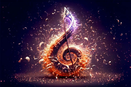 Modern artistic design with musical explosion and molecules, fire and glitter.Treble clef and musical notes.の素材