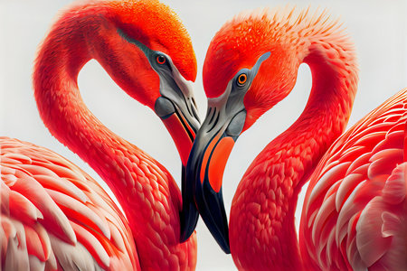 Red flamingos kissing each other forming a heart on a white background.ai generatedの素材