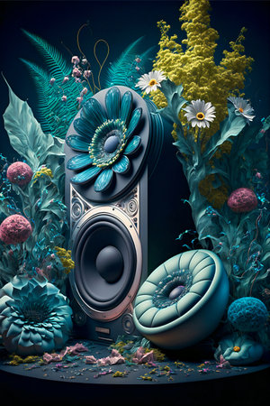 Vintage retro speaker music background with cyberpunk futuristic floral decorations and neon lights. Ai generated.の素材