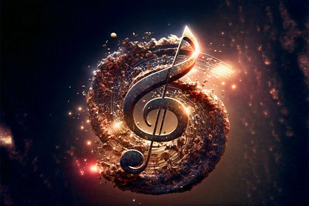 Modern artistic design with musical explosion and molecules, fire and glitter.Treble clef and musical notes.の素材