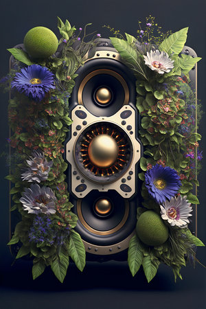 Vintage retro speaker music background with cyberpunk futuristic floral decorations and neon lights.の素材