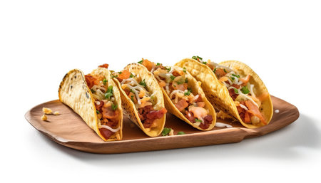 Variety of Mexican tacos with meat, fresh cilantro and cheese on a white background. Ai generated.の素材