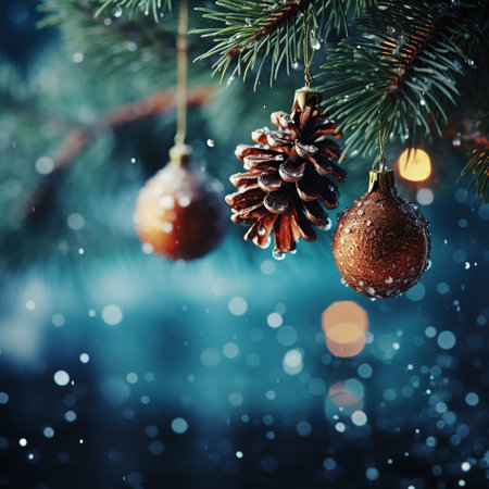 Decorated Christmas tree and lights on creative blurred background.の素材