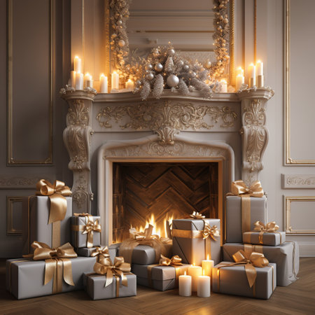 Christmas background of christmas pine tree and fireplace inside the living room.の素材