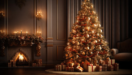 Christmas background of christmas pine tree and fireplace inside the living room.の素材