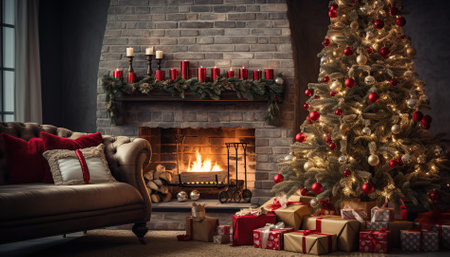 Christmas background of christmas pine tree and fireplace inside the living room.の素材