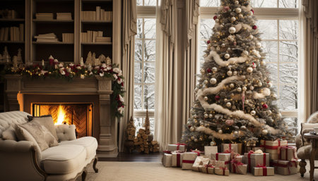 Christmas background of christmas pine tree and fireplace inside the living room.の素材