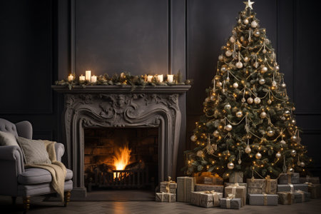Christmas background of christmas pine tree and fireplace inside the living room.の素材