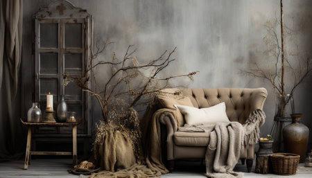 Empty wall. Minimalist interior decoration in warm tones, autumn and winter style. Sofa and wooden furniture.の素材