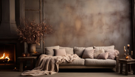 Empty wall. Minimalist interior decoration in warm tones, autumn and winter style. Sofa and wooden furniture.の素材