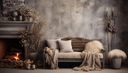 Empty wall. Minimalist interior decoration in warm tones, autumn and winter style. Sofa and wooden furniture.の素材