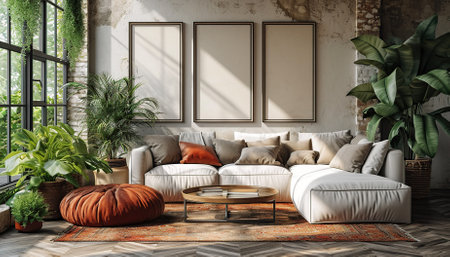 Stylish Living Room Interior with Blank frame Poster, Modern interior design.の素材